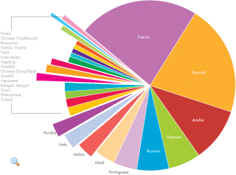 Pie chart showing distributions of languages